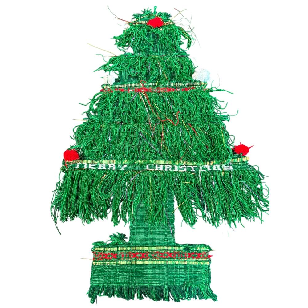 Vintage Yarn Fiber Art Decor Christmas Tree Tinsel Boho Retro Wall Hanger 28x16"